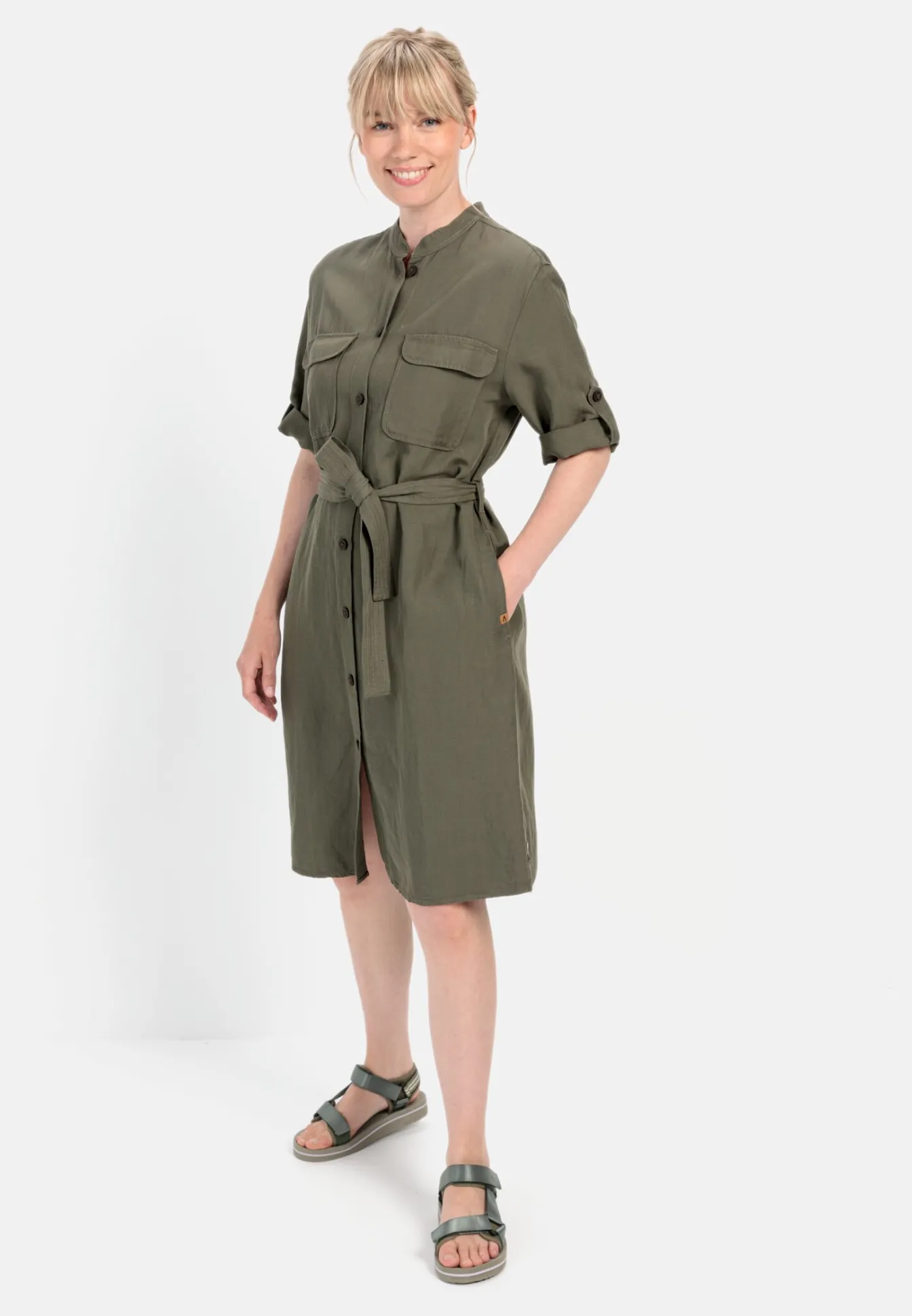 Damen Camel Active Kleider^Halbarm Kleid mit Stehkragen