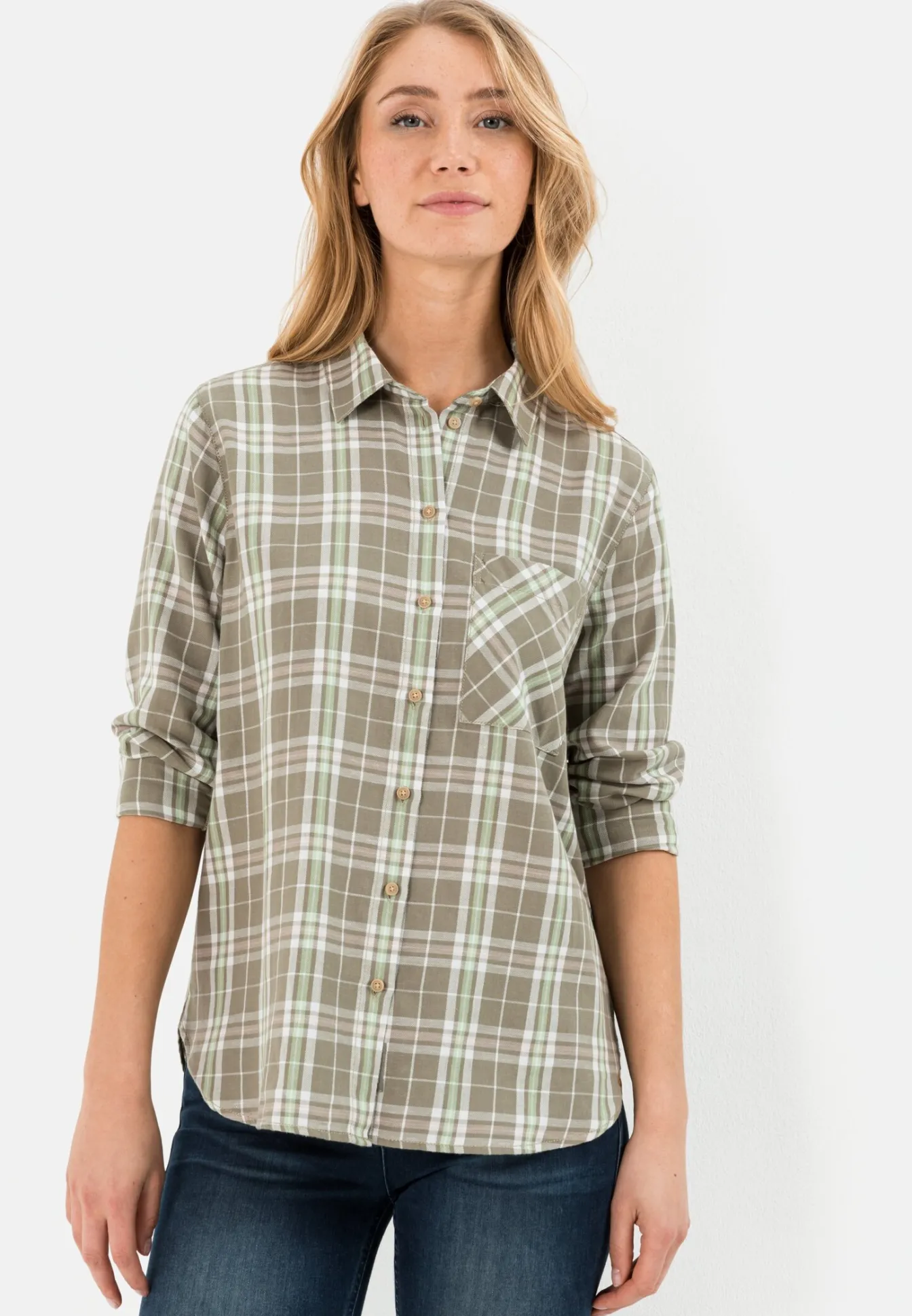 Damen Camel Active Blusen^Karobluse im Baumwoll-Leinen-Mix