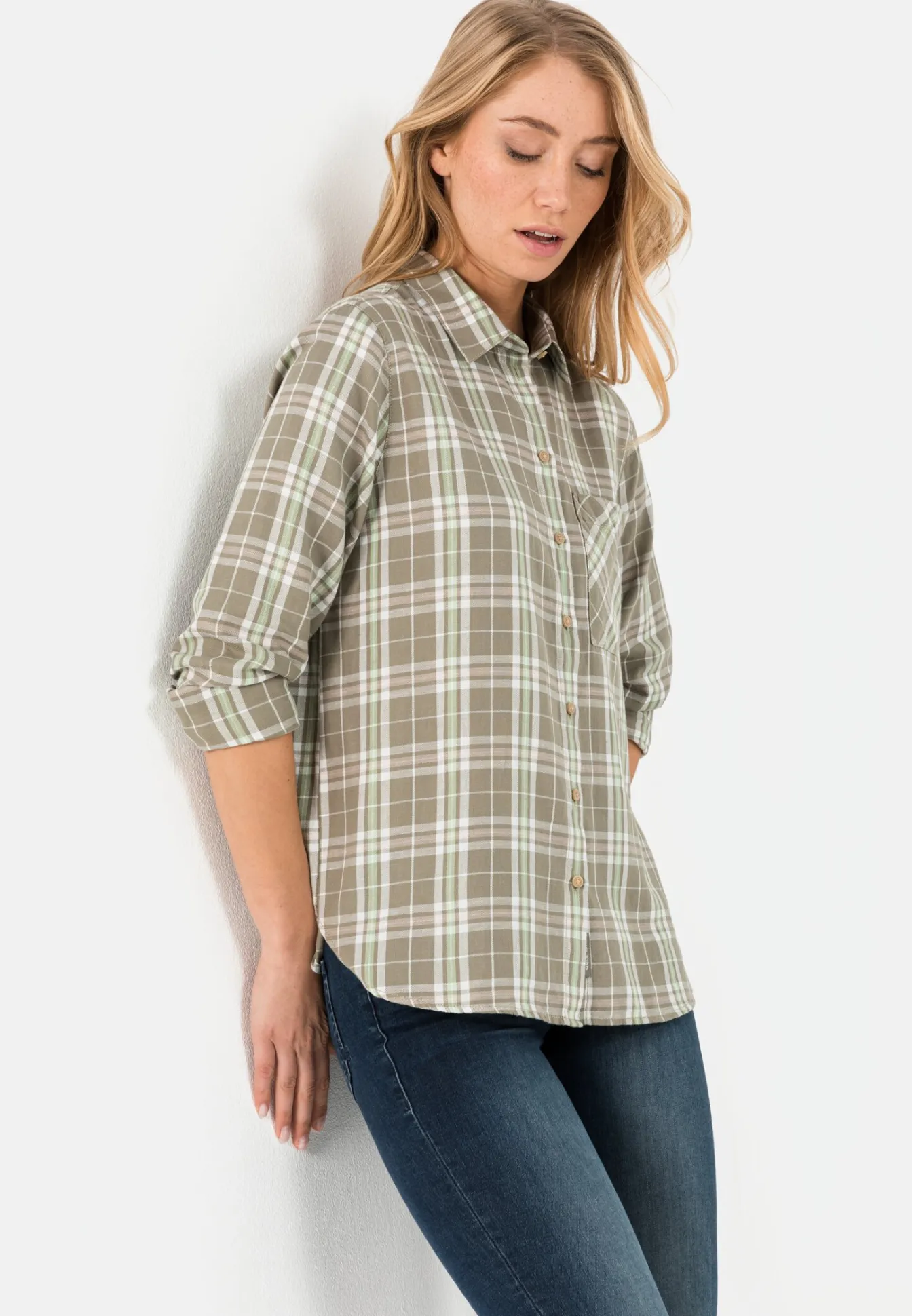 Damen Camel Active Blusen^Karobluse im Baumwoll-Leinen-Mix
