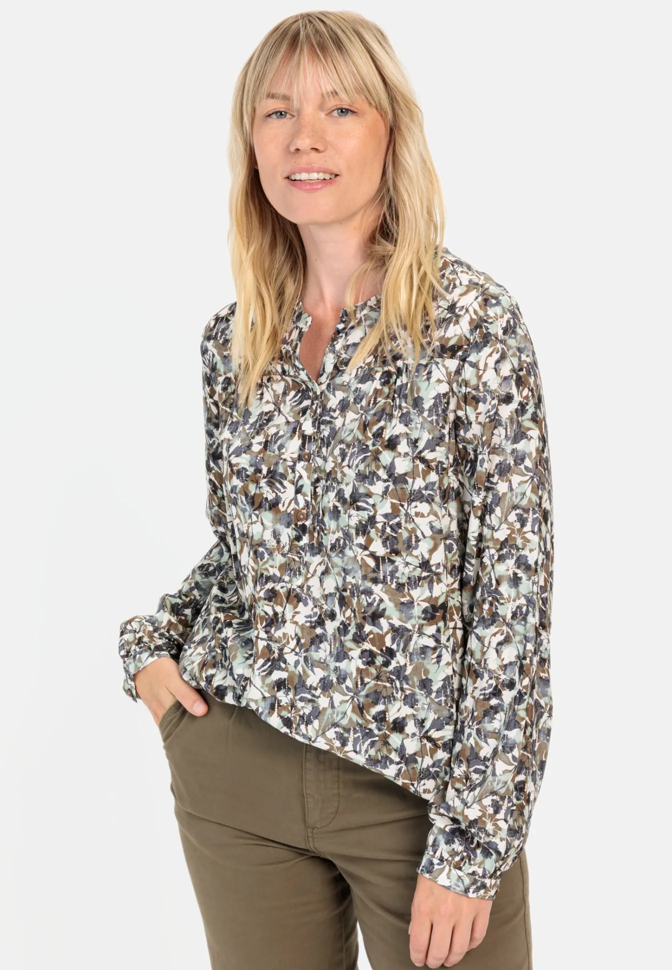 Damen Camel Active Blusen^Langarm Schlupfbluse mit Stehkragen