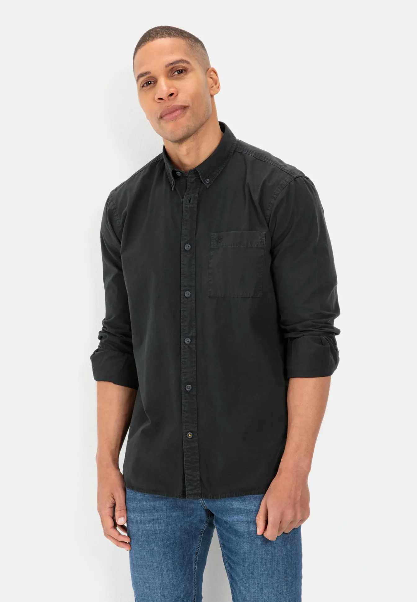 Herren Camel Active Hemden^Langarm Shirt aus reiner Baumwolle mit Button-Down Kragen und Brusttasche