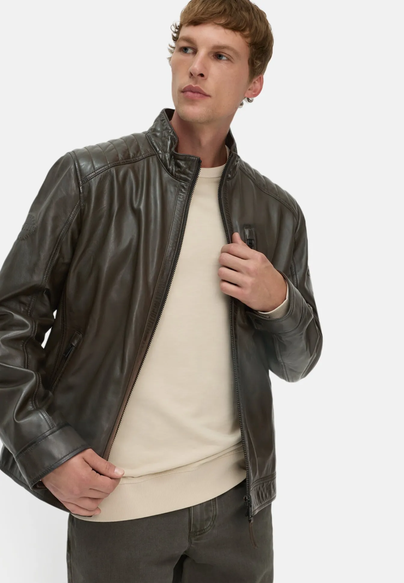 Herren Camel Active Jacken & Westen^Leder Bikerjacke mit Stehkragen
