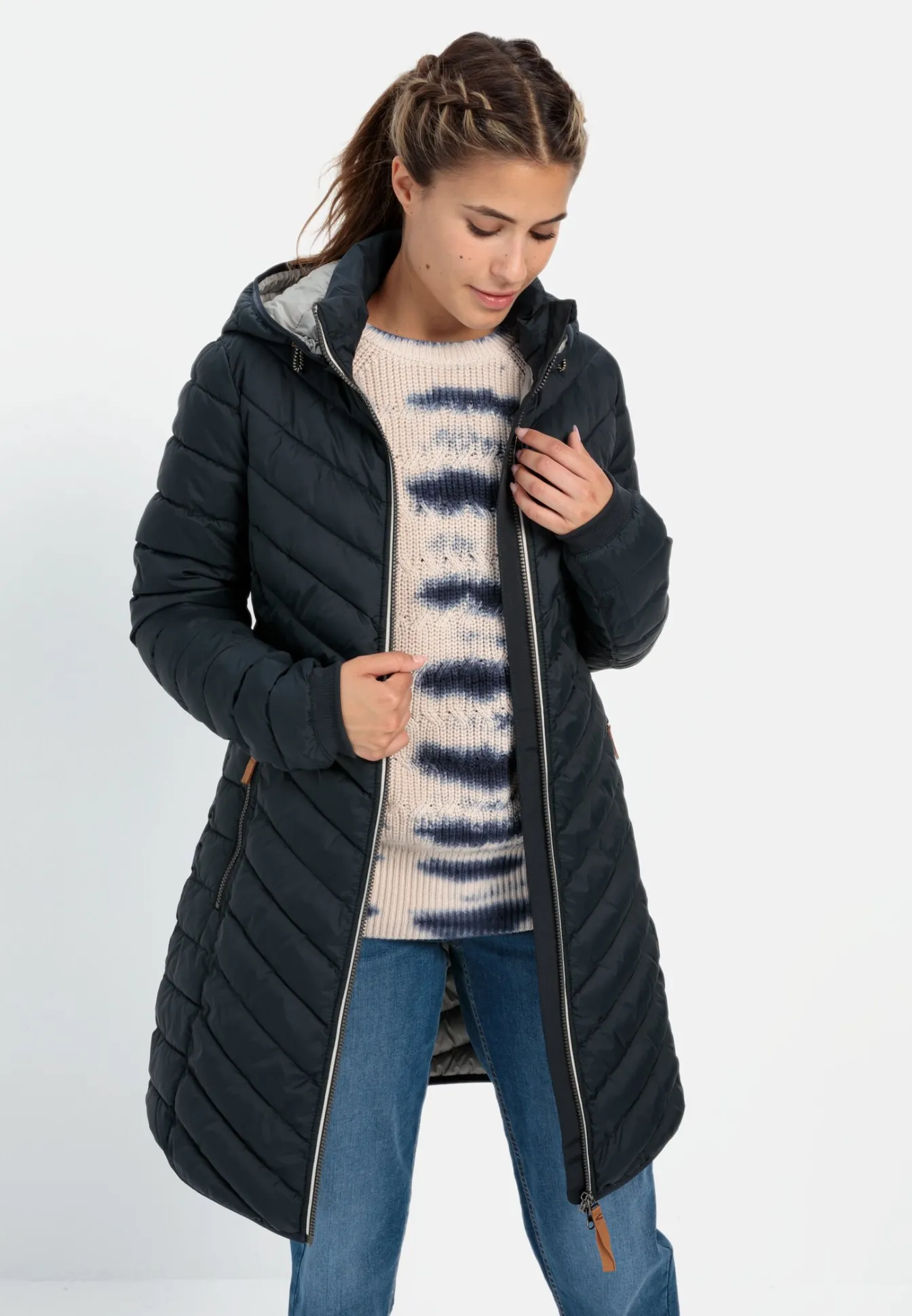 Damen Camel Active Jacken & Westen^Steppmantel mit Fischgrat-Muster
